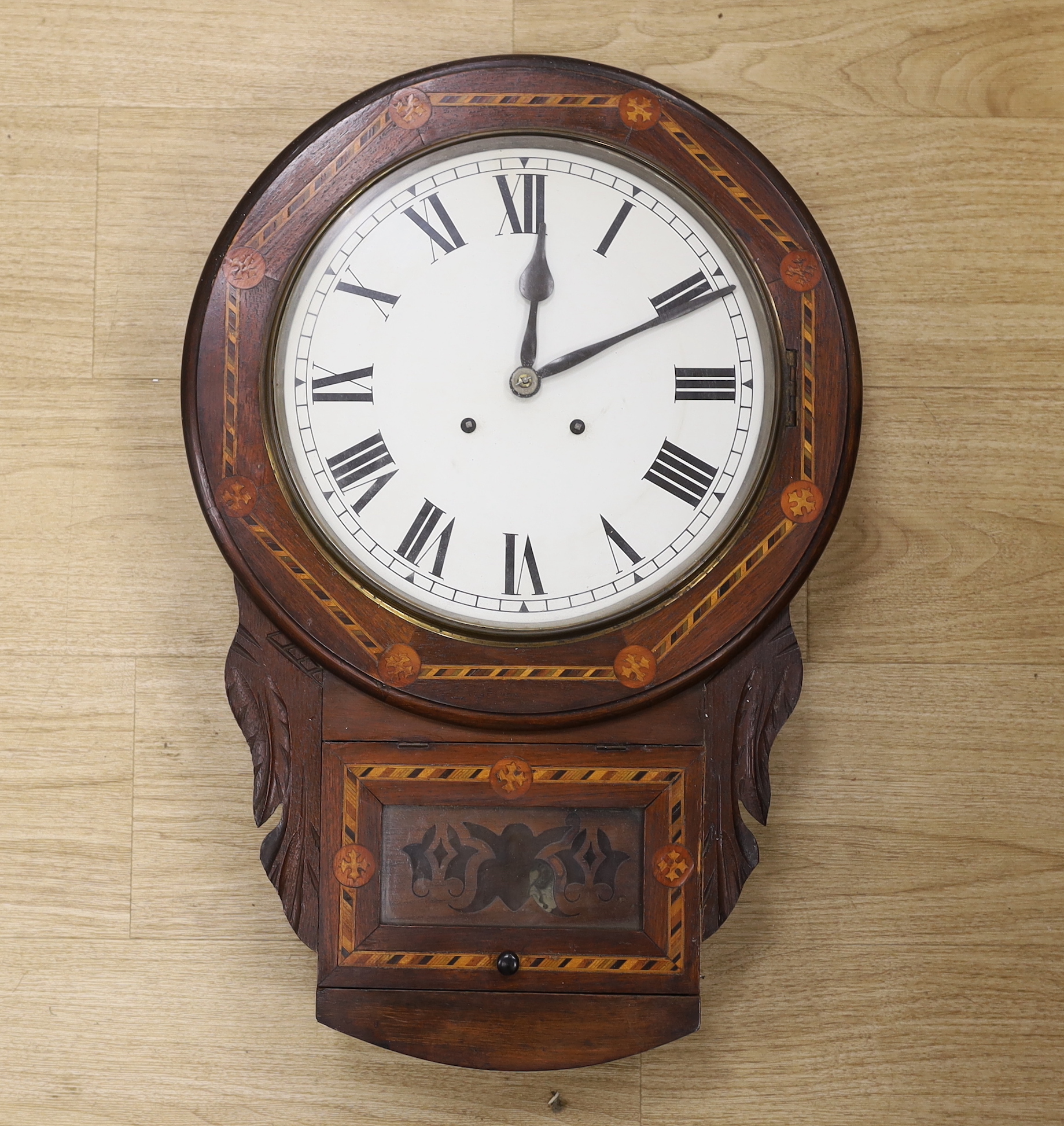 An early 20th century marquetry inlaid drop dial wall clock with German movement, 62cm